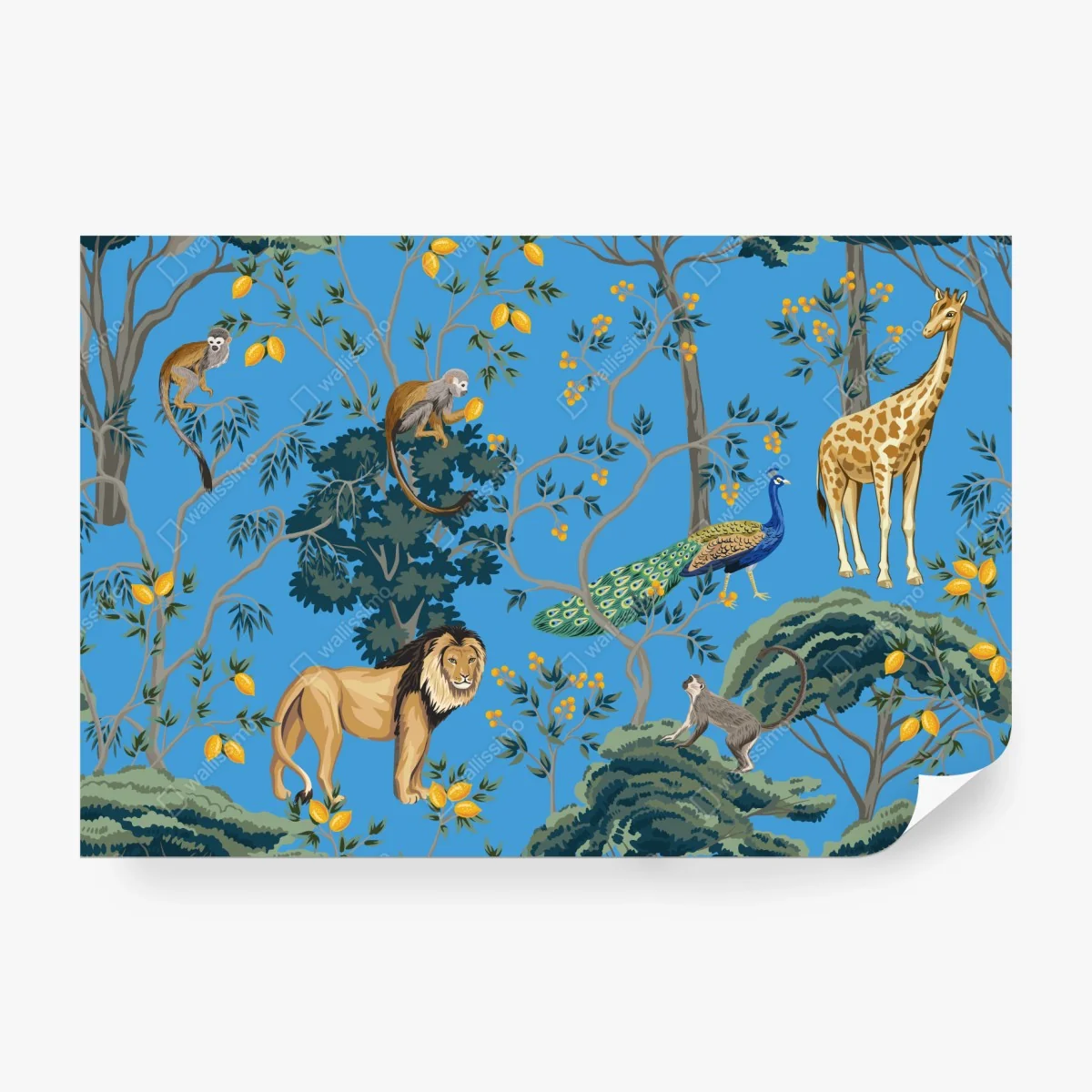 Carta da parati motivo esotico con animali selvatici su sfondo blu • Wallissimo®