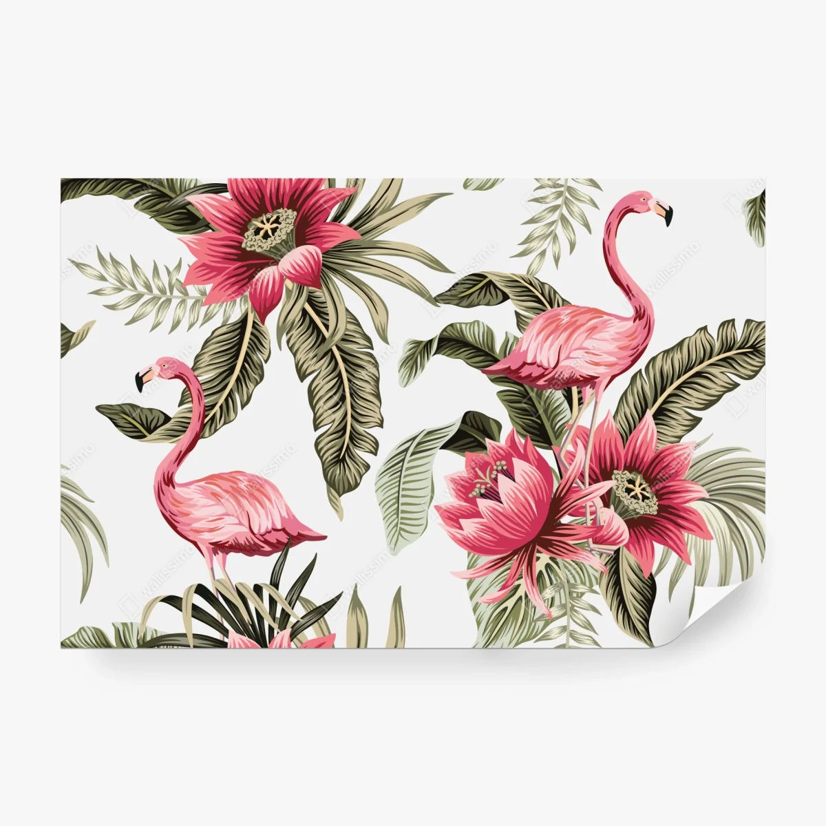 Carta da parati motivo tropicale con fenicotteri e fiori esotici • Wallissimo®