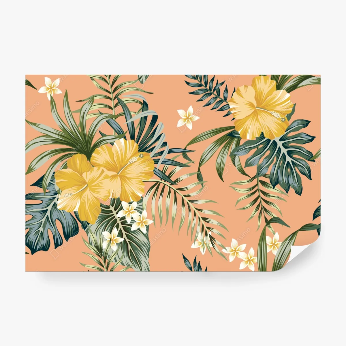 Carta da parati motivo botanico tropicale con ibisco giallo • Wallissimo®