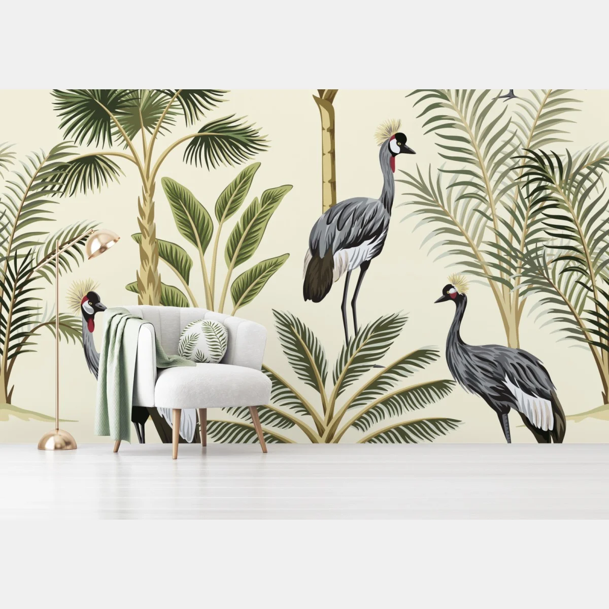 Carta da parati gru coronate tra palme tropicali e foglie decorative • Wallissimo® Carta da parati gru coronate tra palme tropicali e foglie decorative • Wallissimo®