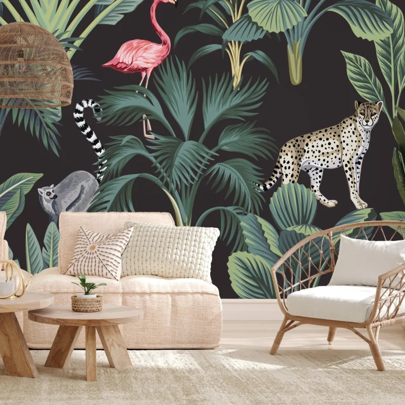 Carta da parati motivo tropicale con fauna esotica