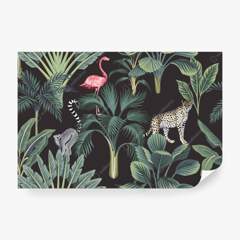Carta da parati motivo tropicale con fauna esotica
