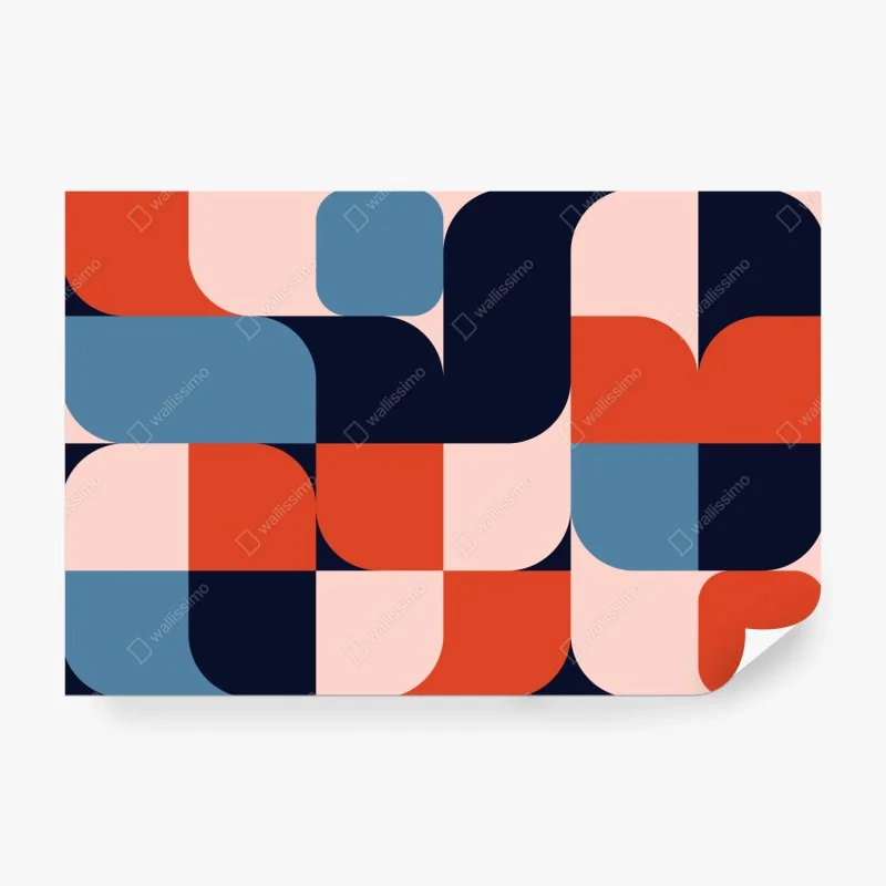 Carta da parati motivo geometrico retrò in blu e corallo