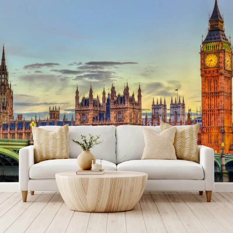 Carta da parati vista al tramonto del palazzo di Westminster e di Big Ben, Londra