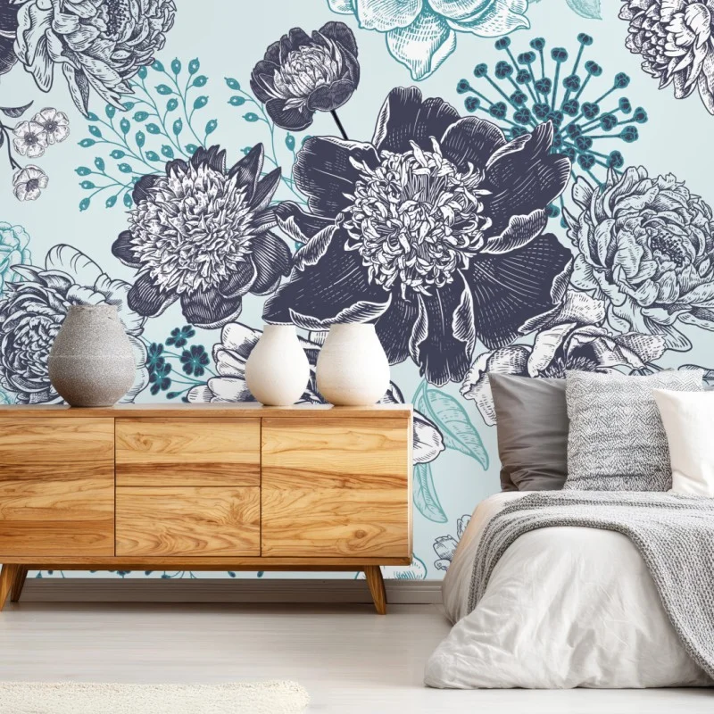 Carta da parati motivo floreale botanico in toni turchesi