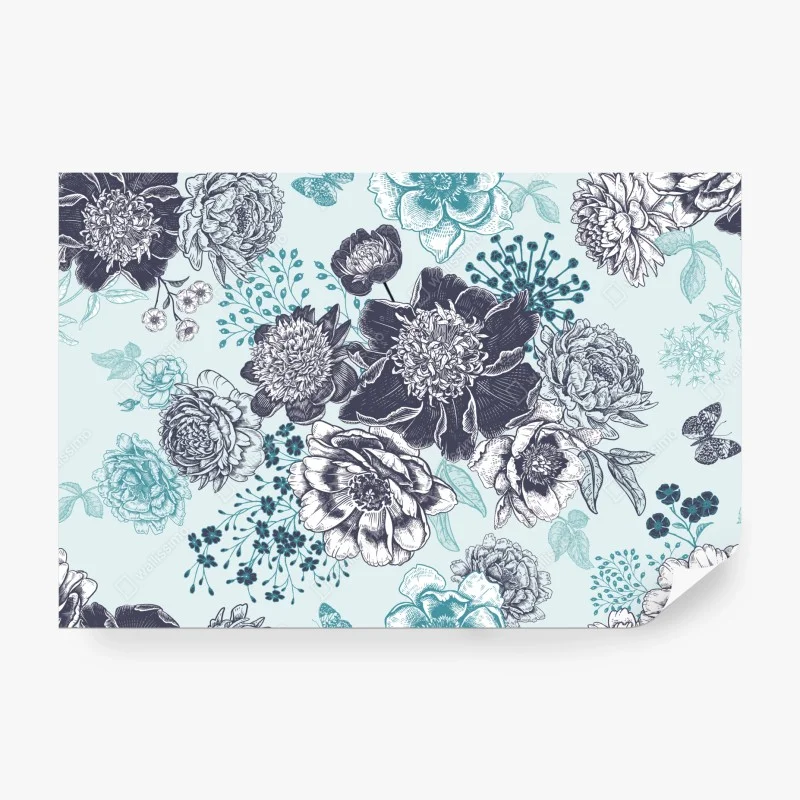 Carta da parati motivo floreale botanico in toni turchesi