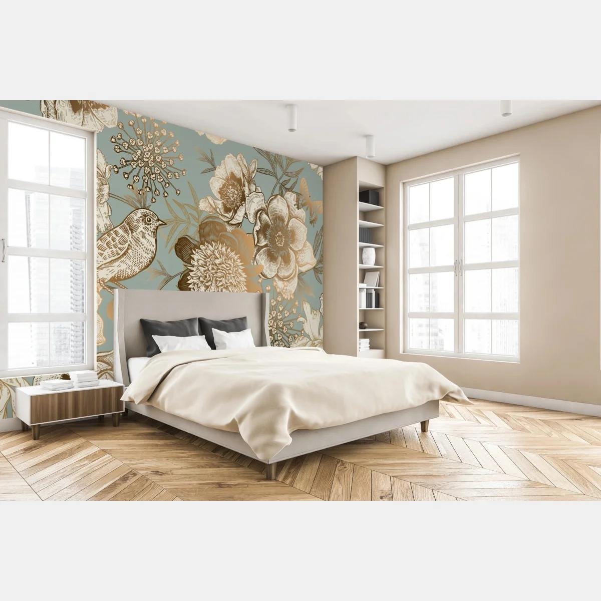 Carta da parati motivo botanico vintage con uccelli e farfalle • Wallissimo® Carta da parati motivo botanico vintage con uccelli e farfalle • Wallissimo®