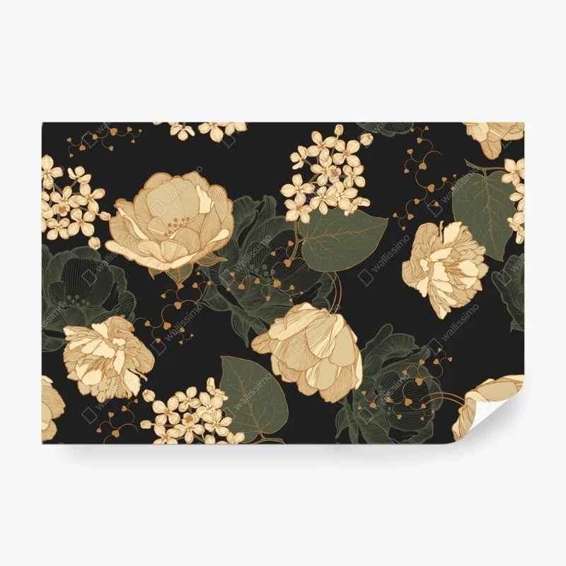 Carta da parati elegante motivo floreale dorato su sfondo nero