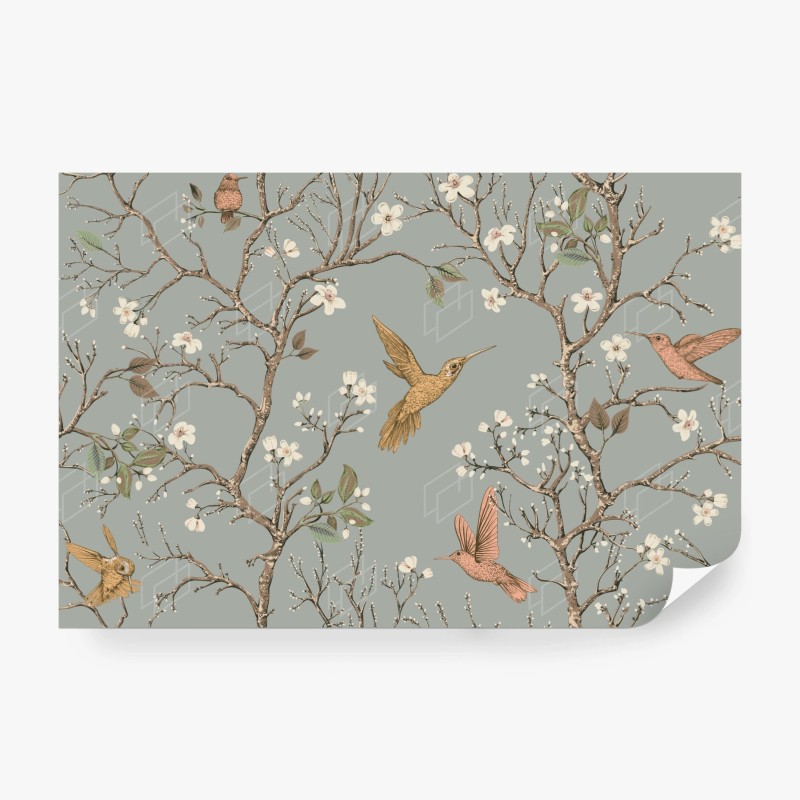 Carta da parati rami fioriti e colibrì su sfondo grigio