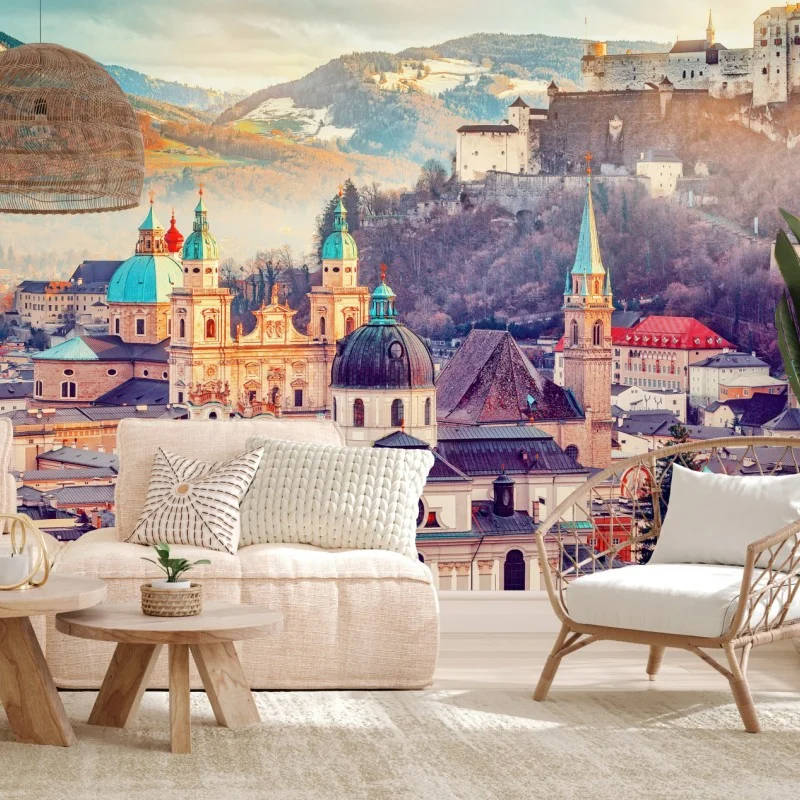 Carta da parati panorama storico di Salisburgo al tramonto