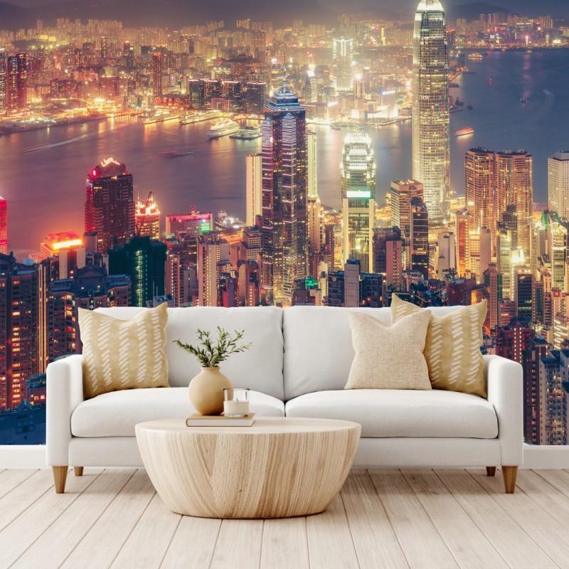 Carta da parati panorama notturno di Hong Kong da Victoria Peak