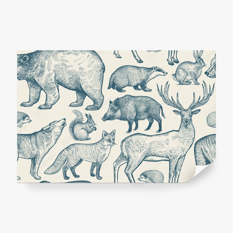 Carta da parati motivo forestale vintage con animali incisi