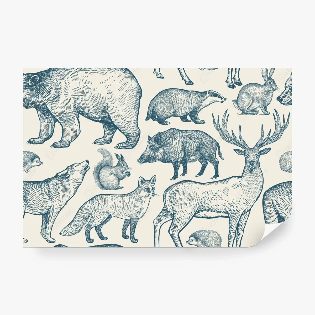 Carta da parati motivo forestale vintage con animali incisi • Wallissimo® Carta da parati motivo forestale vintage con animali incisi • Wallissimo®