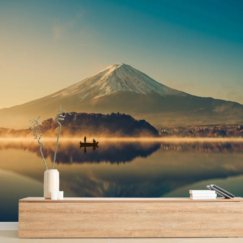 Carta da parati mattina dorata sul Monte Fuji e sul Lago Kawaguchiko