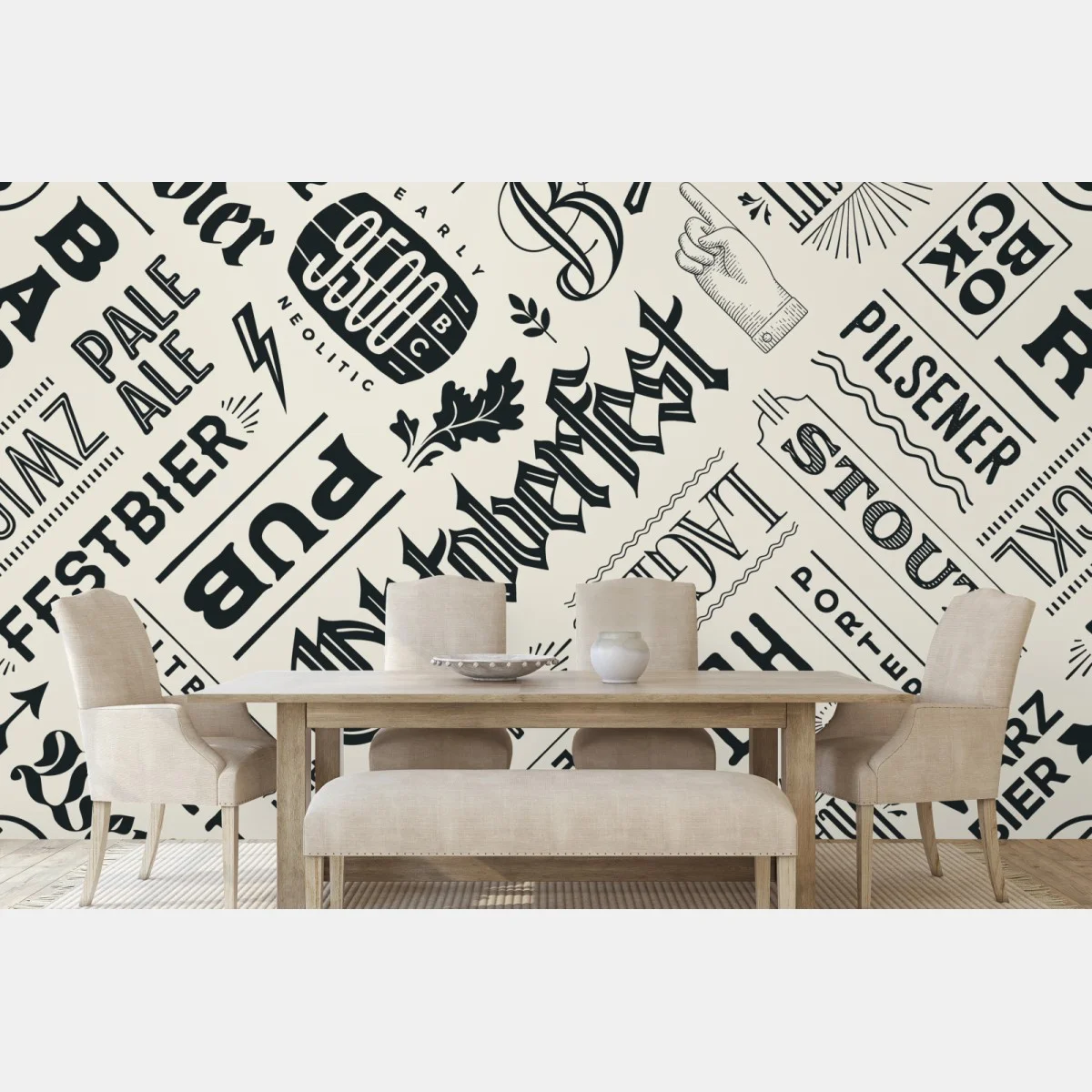 Carta da parati motivo tipografico birre e etichette vintage • Wallissimo®