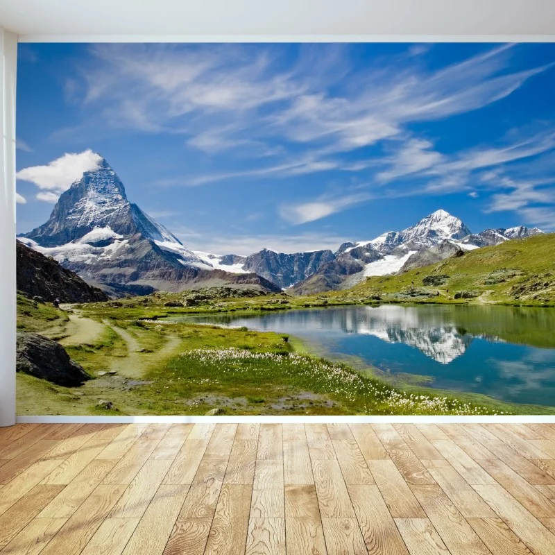 Carta da parati paesaggio alpino con il Cervino e lago cristallino