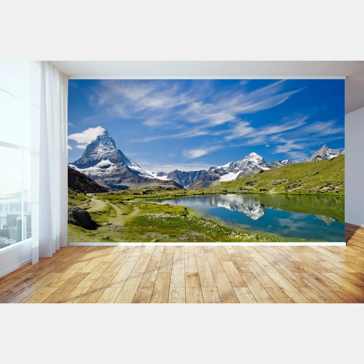 Carta da parati paesaggio alpino con il Cervino e lago cristallino • Wallissimo® Carta da parati paesaggio alpino con il Cervino e lago cristallino • Wallissimo®