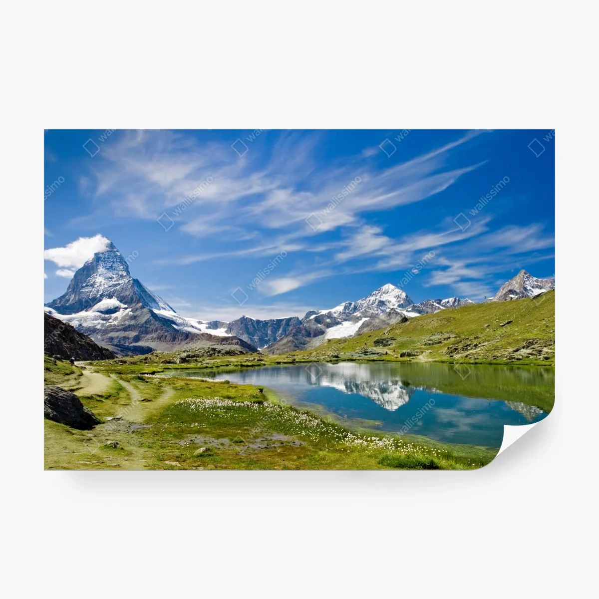 Carta da parati paesaggio alpino con il Cervino e lago cristallino • Wallissimo® Carta da parati paesaggio alpino con il Cervino e lago cristallino • Wallissimo®