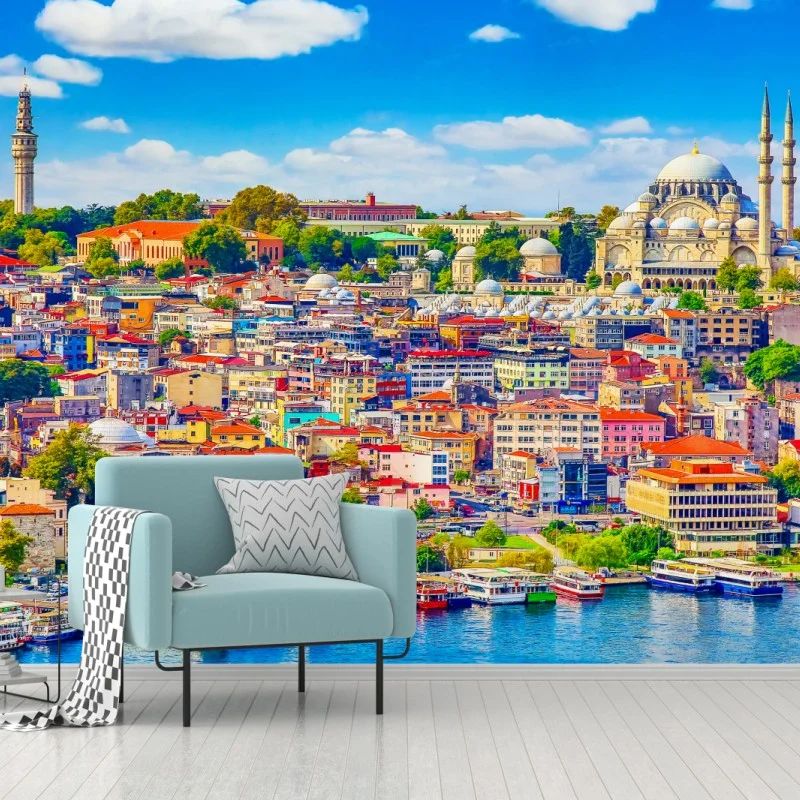 Carta da parati panorama urbano di Istanbul con moschea e marina