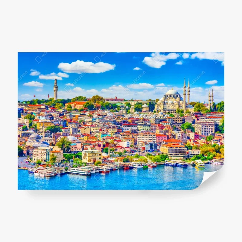 Carta da parati panorama urbano di Istanbul con moschea e marina
