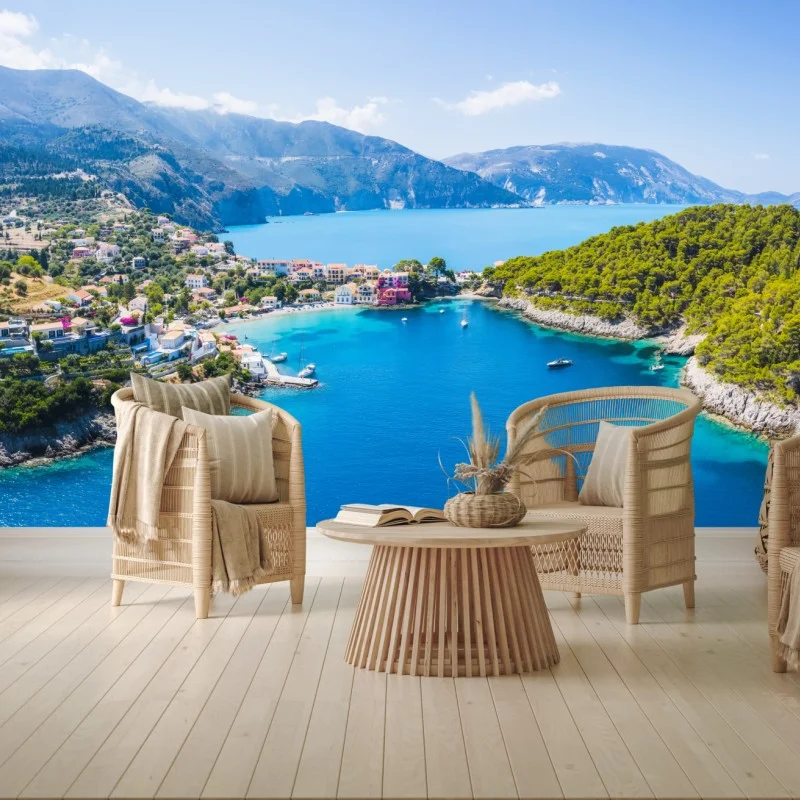 Carta da parati baia turchese con villaggio costiero