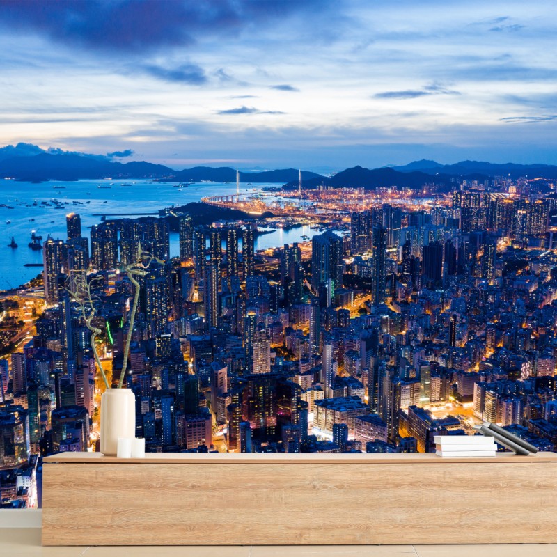 Carta da parati vista notturna di Hong Kong dall'alto