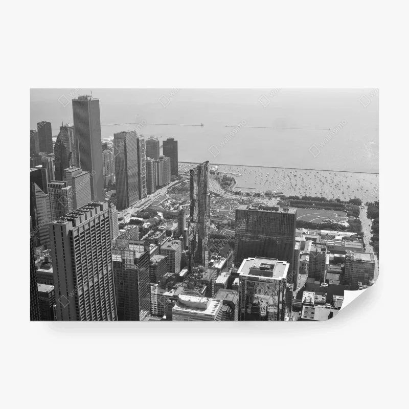 Carta da parati panorama urbano in bianco e nero con skyline e lago