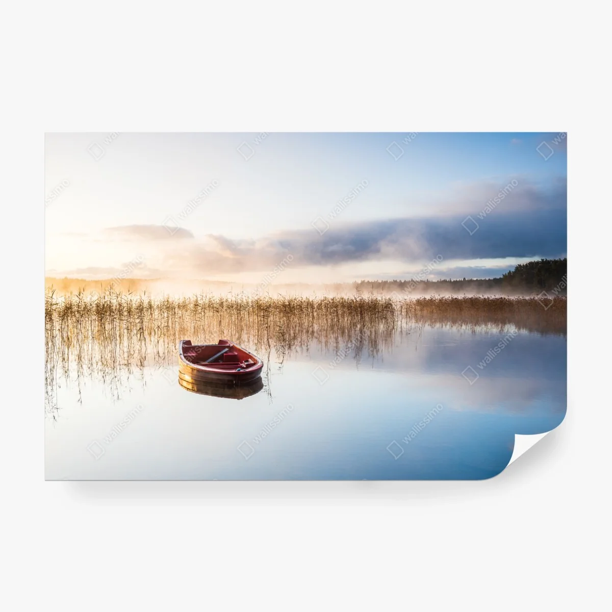 Carta da parati barca rossa sul lago all'alba • Wallissimo®