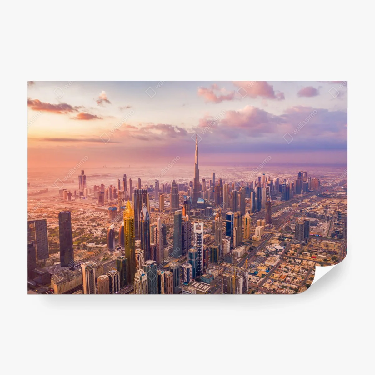 Carta da parati tramonto sullo skyline di Dubai con il Burj Khalifa • Wallissimo®