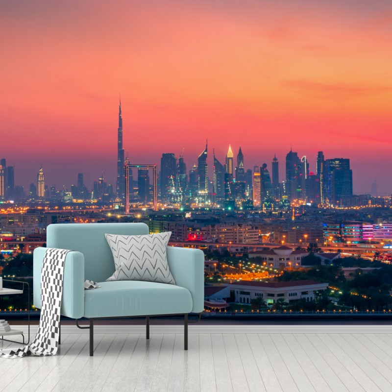 Carta da parati tramonto sullo skyline di Dubai