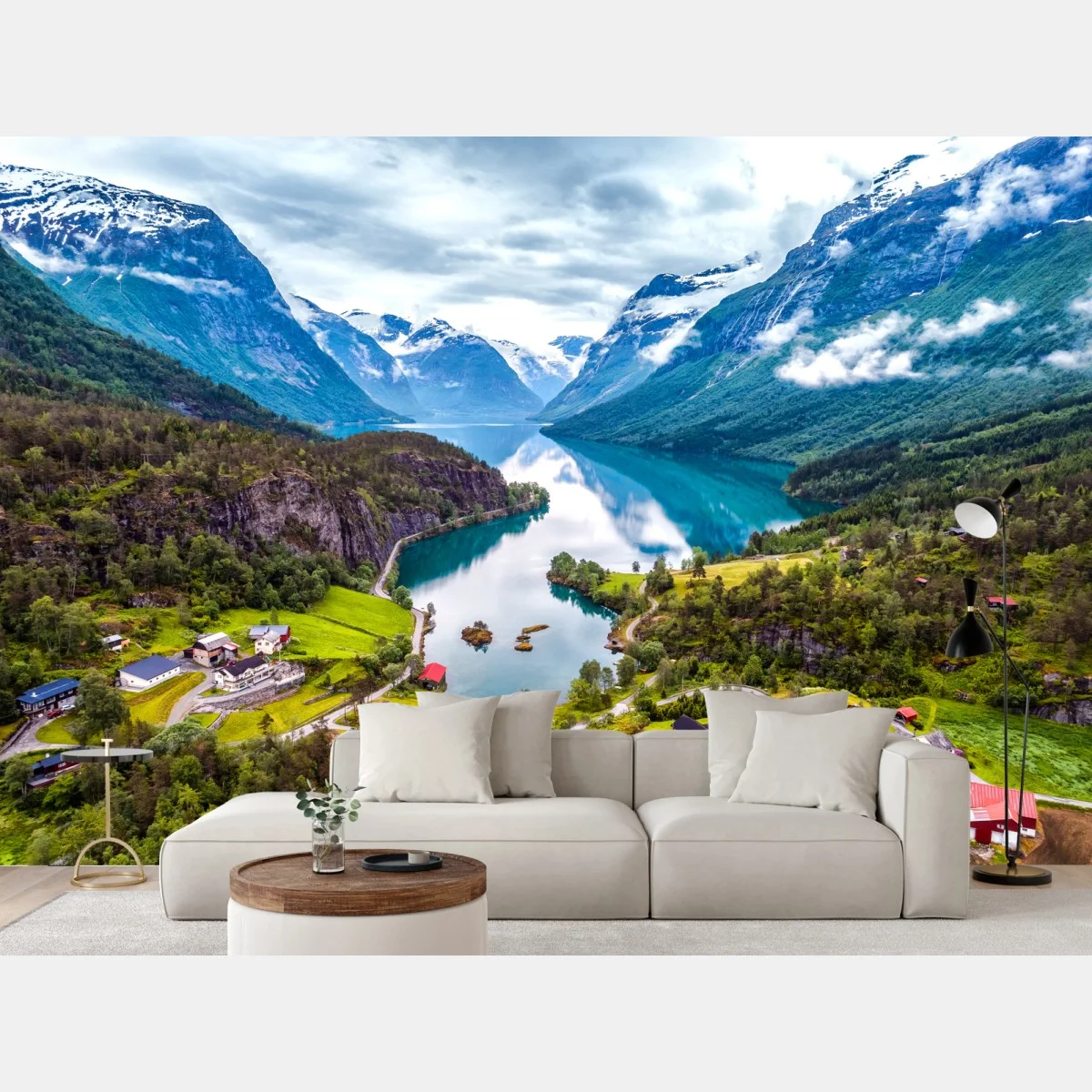 Carta da parati fiordo di Norvegia: natura tra montagne e acqua • Wallissimo® Carta da parati fiordo di Norvegia: natura tra montagne e acqua • Wallissimo®