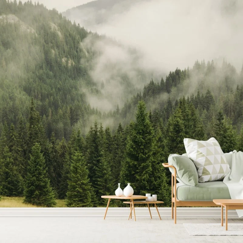 Carta da parati foresta di montagna avvolta nella nebbia