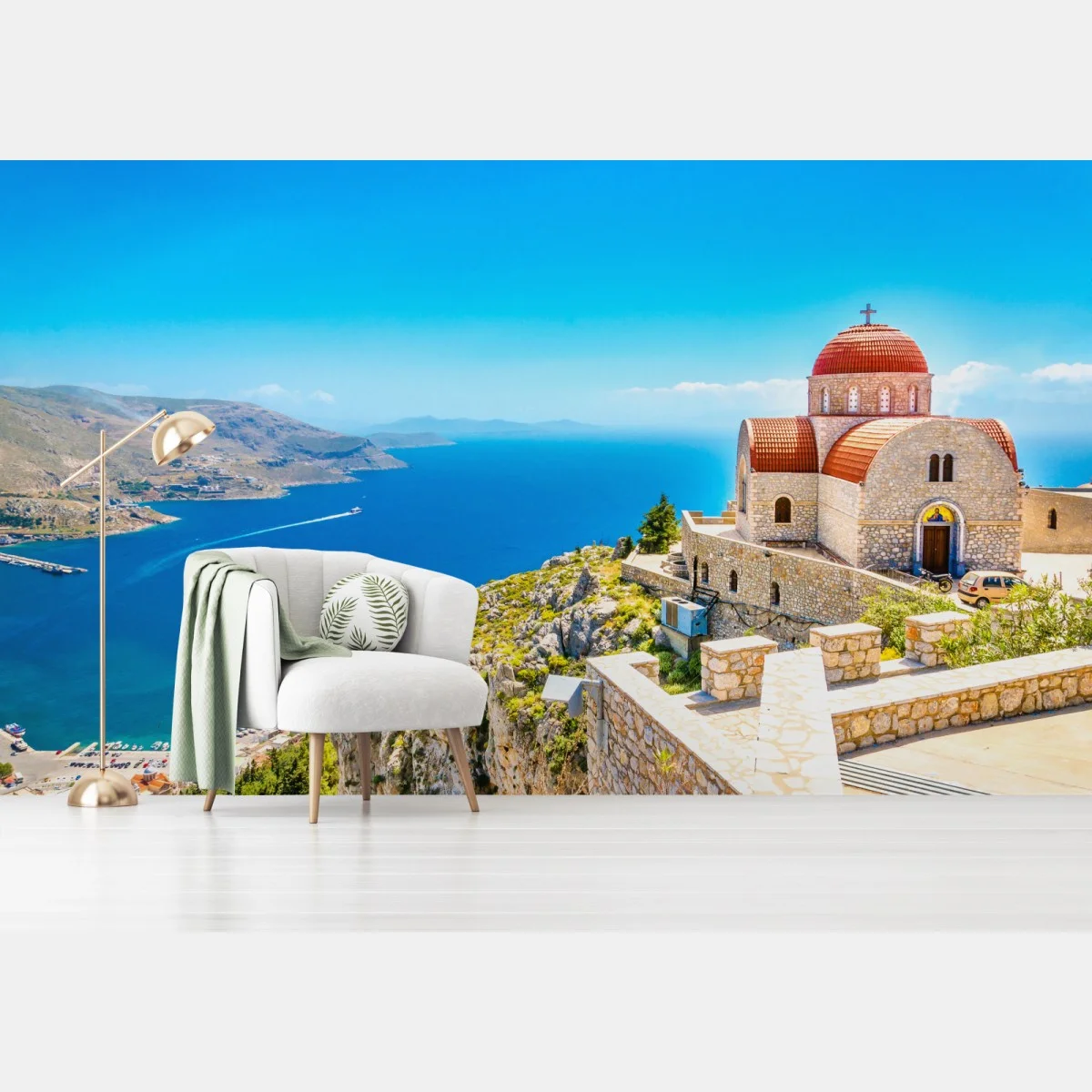 Carta da parati chiesa sulla scogliera con vista sul mare • Wallissimo® Carta da parati chiesa sulla scogliera con vista sul mare • Wallissimo®