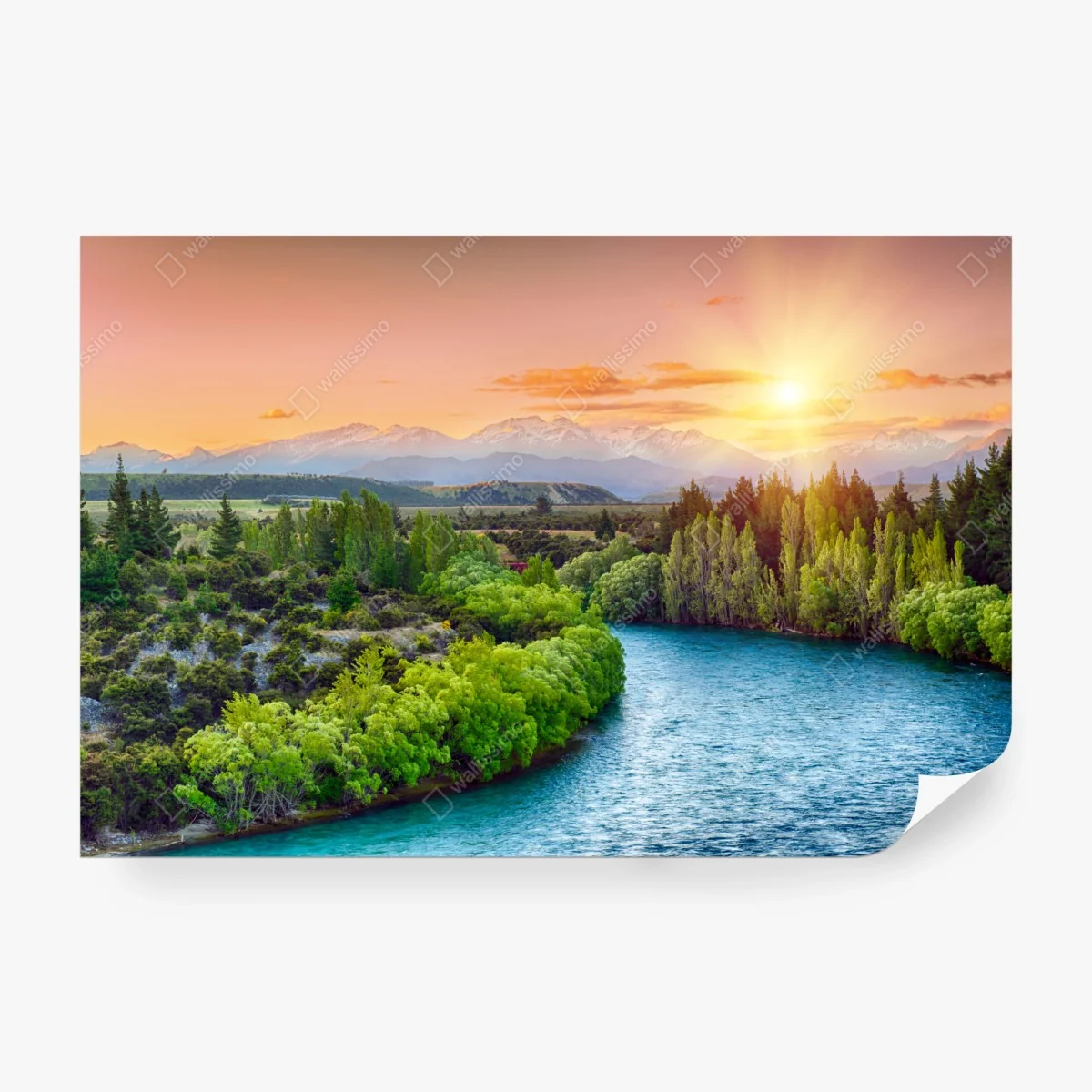 Carta da parati tramonto sul fiume Clutha con le Alpi Meridionali all'orizzonte • Wallissimo®