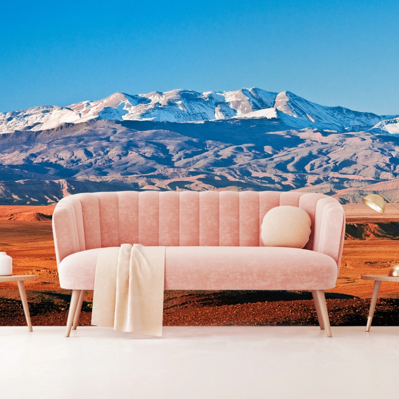 Carta da parati deserto arido con montagna innevata