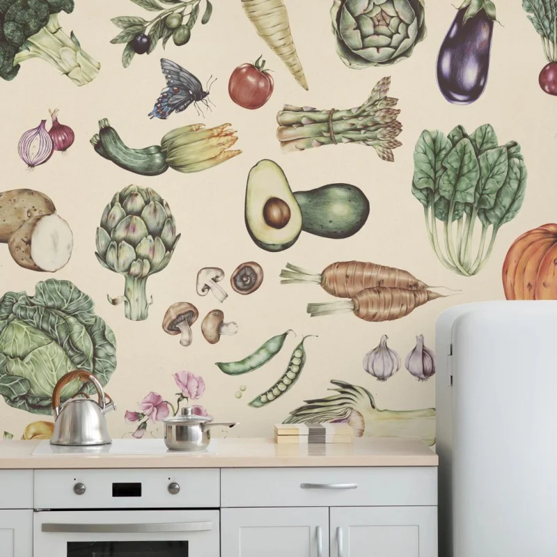 Carta da parati motivo botanico di verdure disegnate a mano
