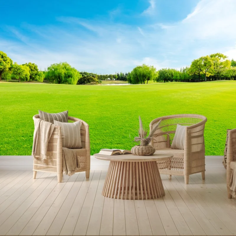 Carta da parati paesaggio primaverile: prato verde e alberi