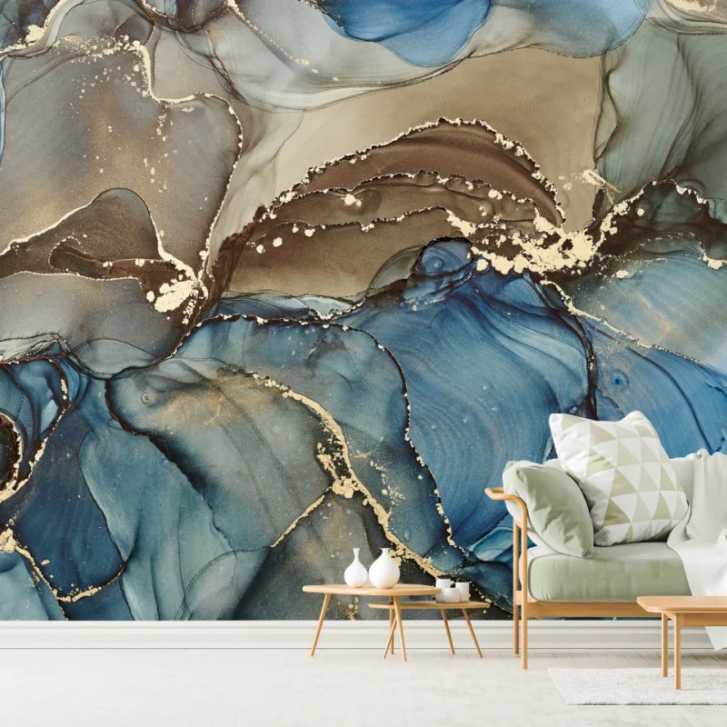 Carta da parati correnti di inchiostro blu con venature dorate