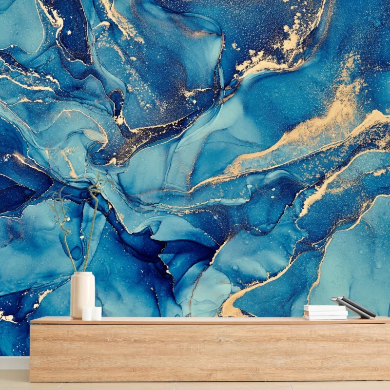 Carta da parati onde dorate su fondo blu