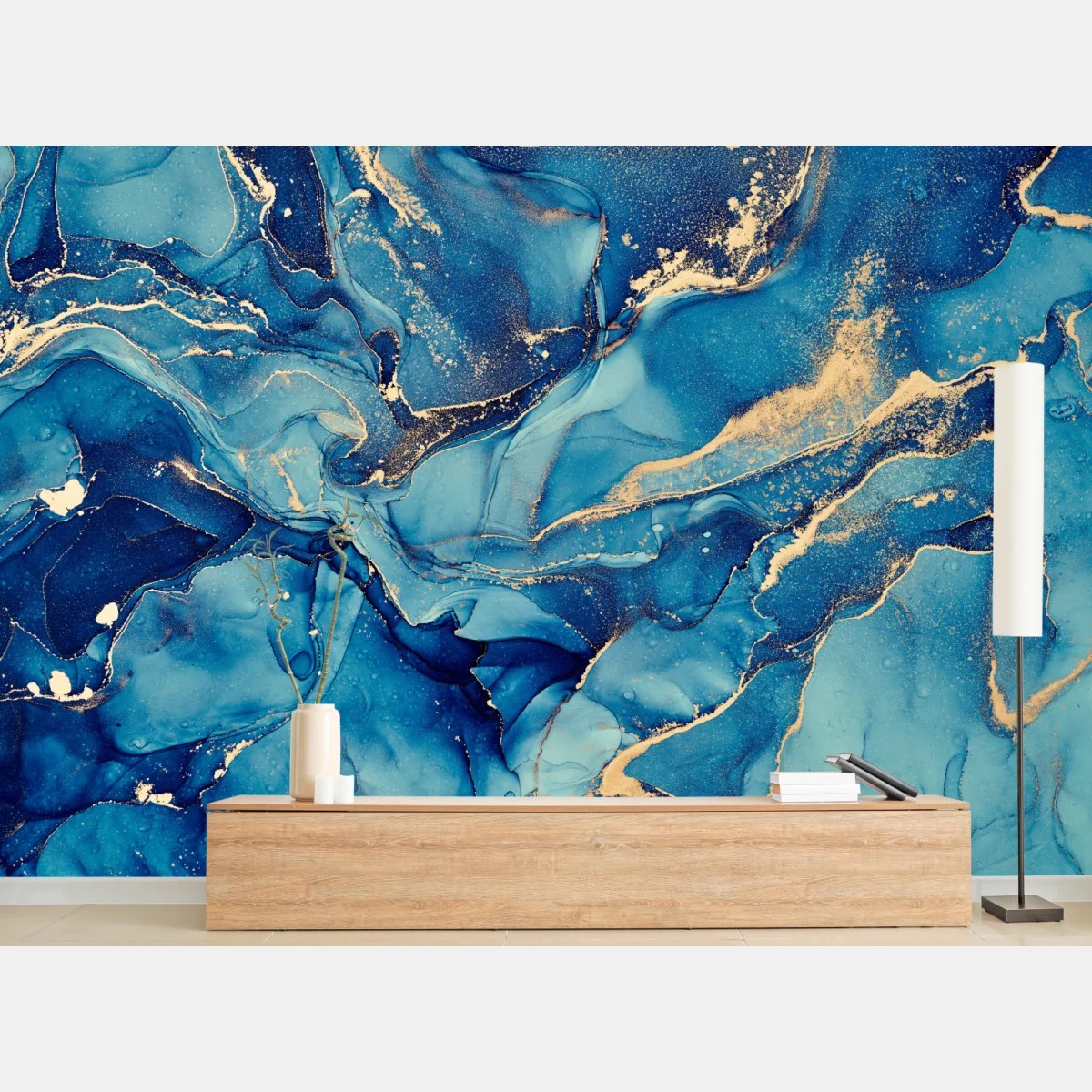 Carta da parati onde dorate su fondo blu • Wallissimo® Carta da parati onde dorate su fondo blu • Wallissimo®