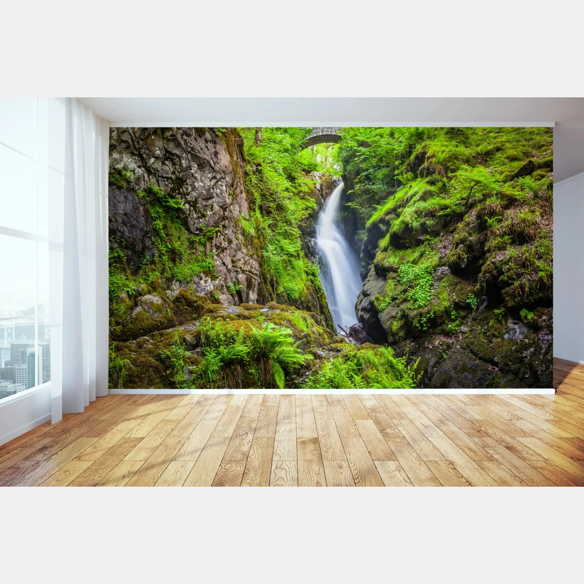 Carta da parati cascata nella gola verde con ponte in pietra • Wallissimo® Carta da parati cascata nella gola verde con ponte in pietra • Wallissimo®