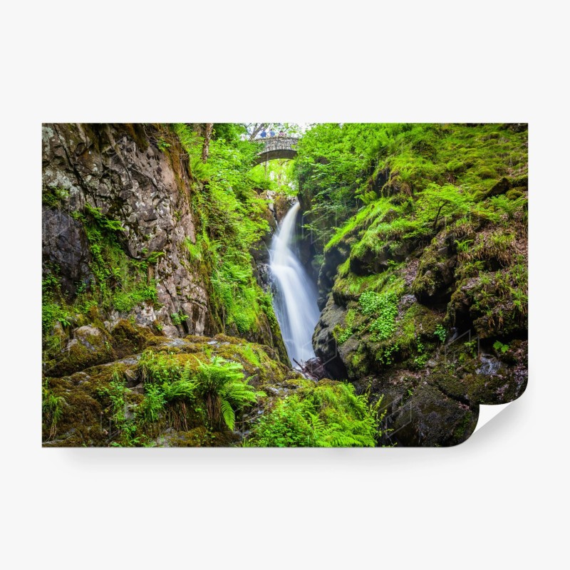 Carta da parati cascata nella gola verde con ponte in pietra