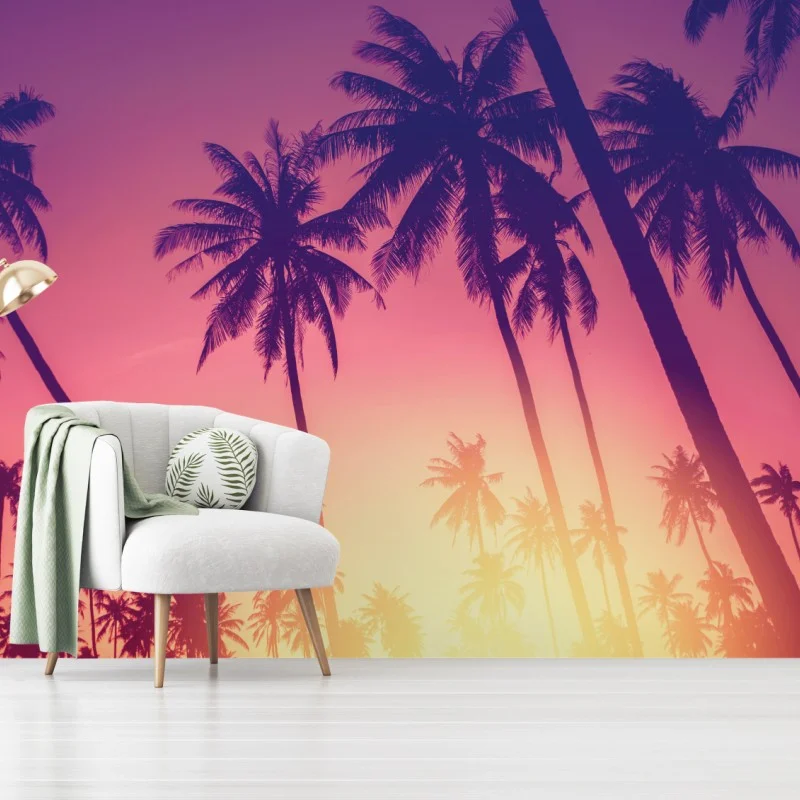 Carta da parati tramonto tropicale tra palme ondeggianti