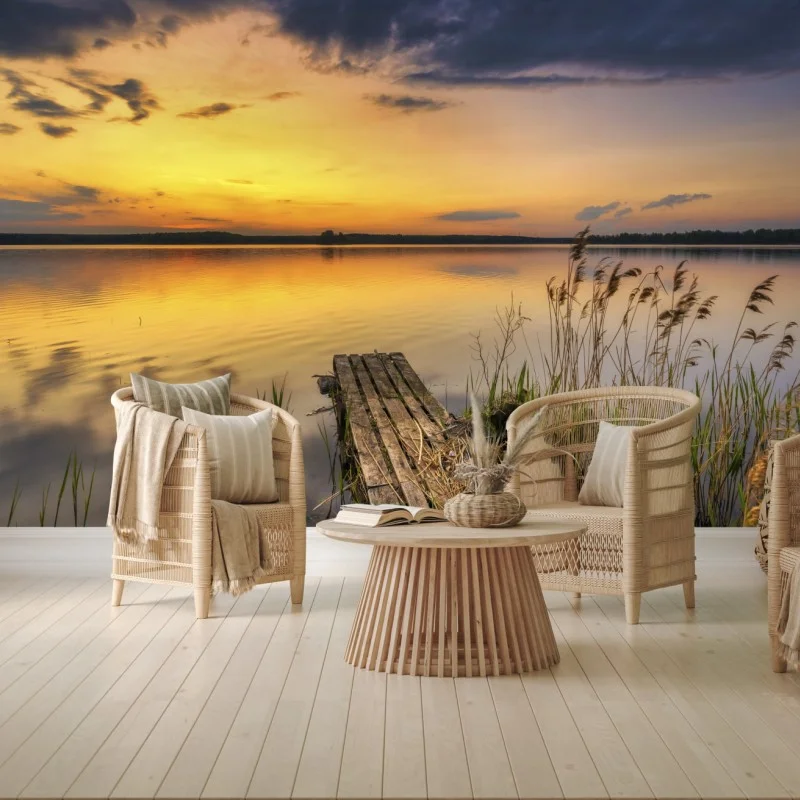 Carta da parati tramonto dorato sul lago