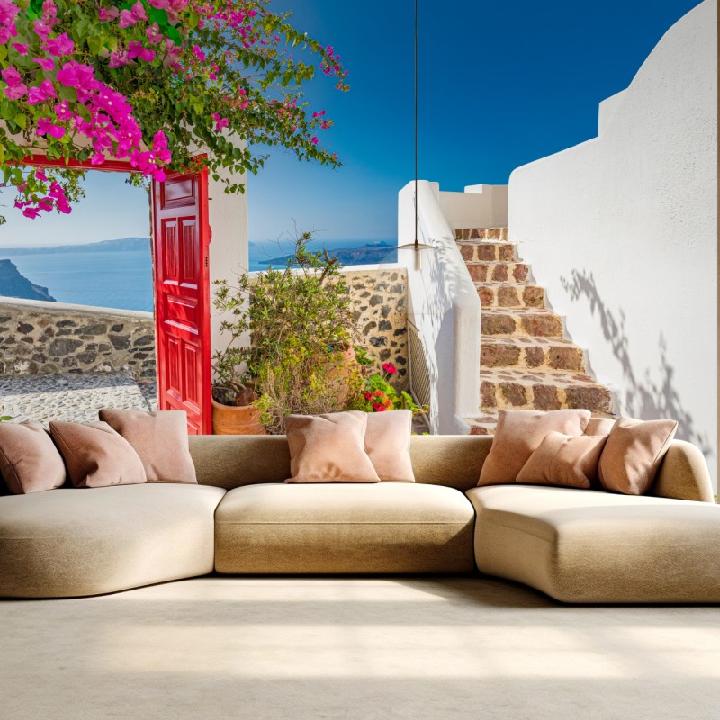Carta da parati cortile fiorito con vista Santorini