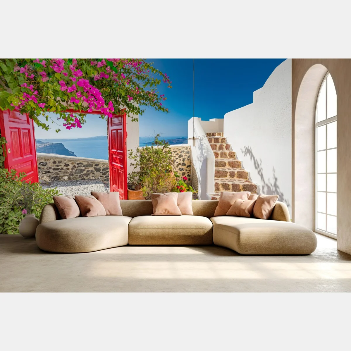 Carta da parati cortile fiorito con vista Santorini • Wallissimo® Carta da parati cortile fiorito con vista Santorini • Wallissimo®