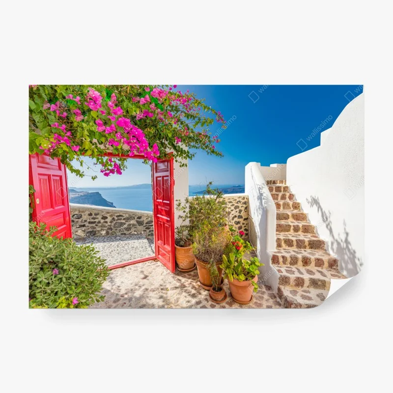 Carta da parati cortile fiorito con vista Santorini