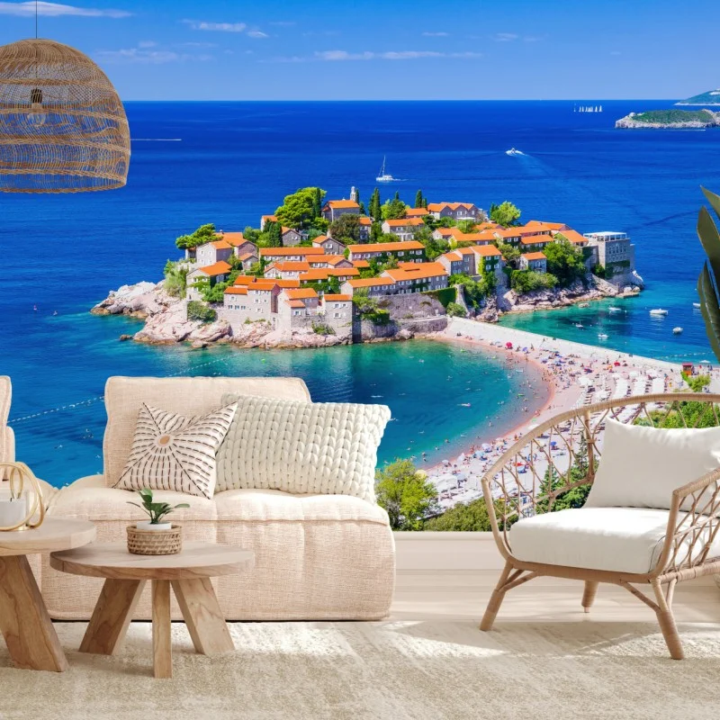 Carta da parati panorama costiero di Sveti Stefan, Montenegro