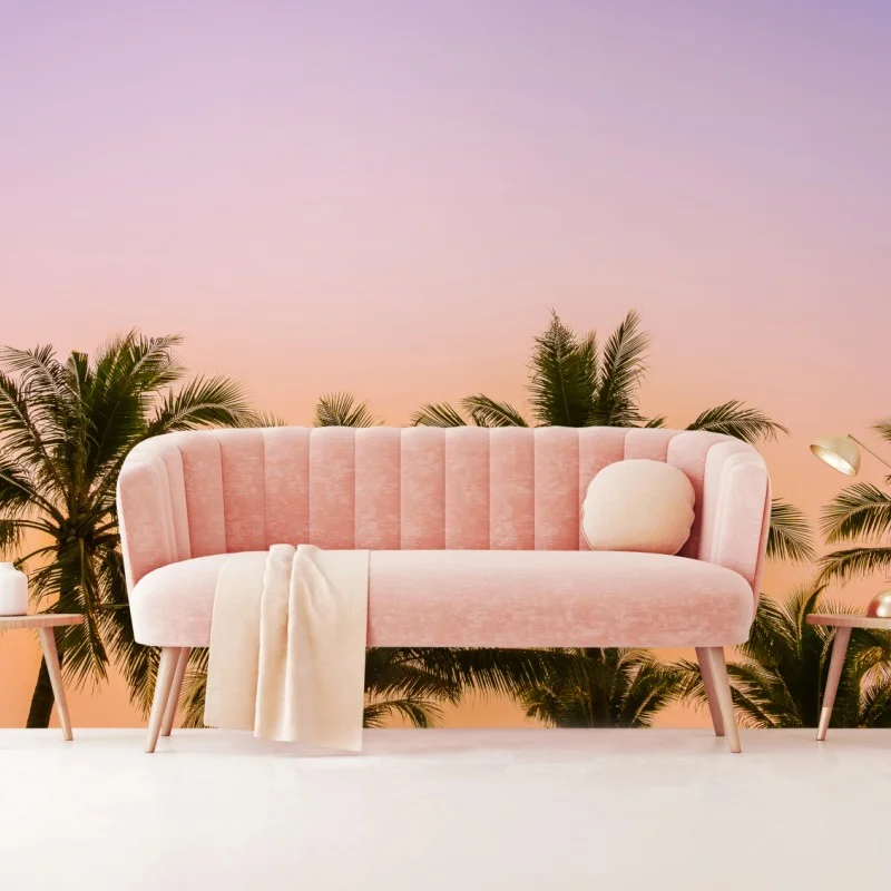 Carta da parati tramonto tropicale con palme sulla spiaggia