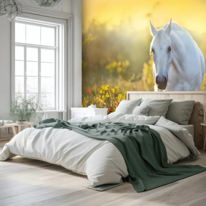 Carta da parati elegante cavallo bianco al sorgere del sole